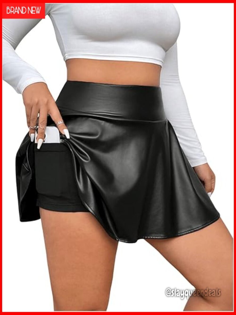 Plus Size PU Leather Pleated Skater Skirt with Built-in Shorts